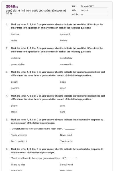 25 BỘ ĐỀ THI THỬ THPT QUỐC GIA - MÔN TIẾNG ANH (ĐỀ SỐ 8)