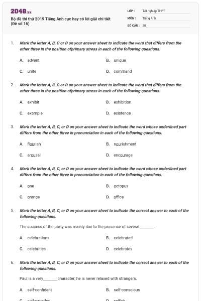 Bộ đề thi thử 2019 Tiếng Anh cực hay có lời giải chi tiết (Đề số 16)