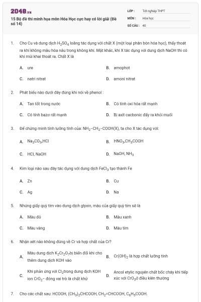 15 Bộ đề thi minh họa môn Hóa Học cực hay có lời giải (Đề số 14)