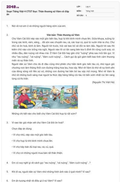 Soạn Tiếng Việt 4 CTST Đọc: Thân thương xử Vàm có đáp án