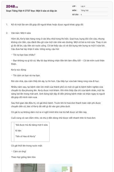 Soạn Tiếng Việt 4 CTST Đọc: Một li sữa có đáp án