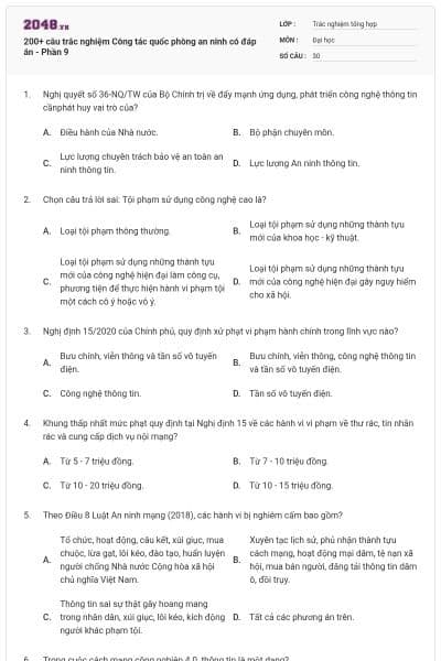 200+ câu trắc nghiệm Công tác quốc phòng an ninh có đáp án - Phần 9