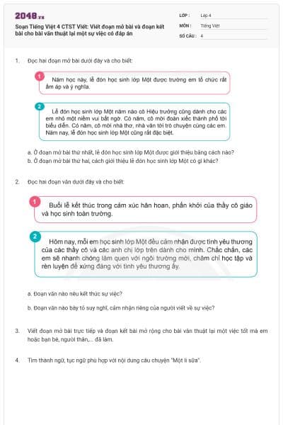 Soạn Tiếng Việt 4 CTST Viết: Viết đoạn mở bài và đoạn kết bài cho bài văn thuật lại một sự việc có đáp án