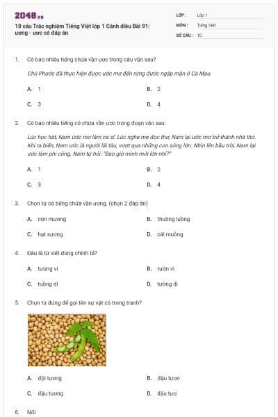 10 câu Trắc nghiệm Tiếng Việt lớp 1 Cánh diều Bài 91: ương - ươc có đáp án