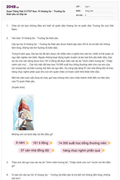 Soạn Tiếng Việt 4 CTST Đọc: Vì Hoàng Sa – Trường Sa thân yêu có đáp án