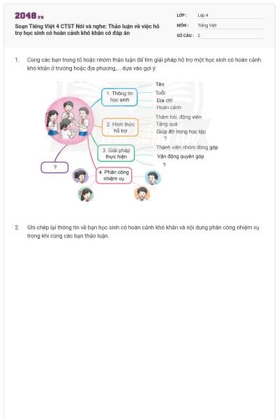 Soạn Tiếng Việt 4 CTST Nói và nghe: Thảo luận về việc hỗ trợ học sinh có hoàn cảnh khó khăn có đáp án