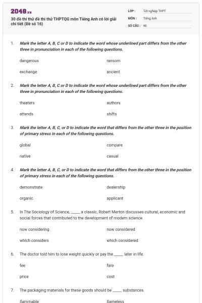 30 đề thi thử đề thi thử THPTQG môn Tiếng Anh có lời giải chi tiết (Đề số 16)