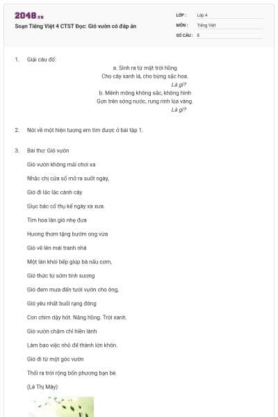 Soạn Tiếng Việt 4 CTST Đọc: Gió vườn có đáp án