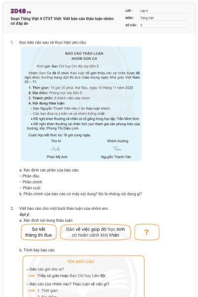 Soạn Tiếng Việt 4 CTST Viết: Viết báo cáo thảo luận nhóm có đáp án