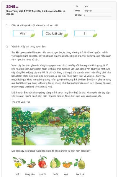 Soạn Tiếng Việt 4 CTST Đọc: Cây trái trong vườn Bác có đáp án