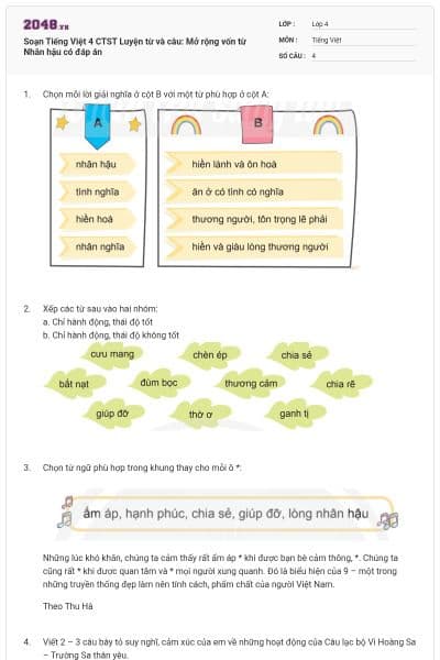 Soạn Tiếng Việt 4 CTST Luyện từ và câu: Mở rộng vốn từ Nhân hậu có đáp án