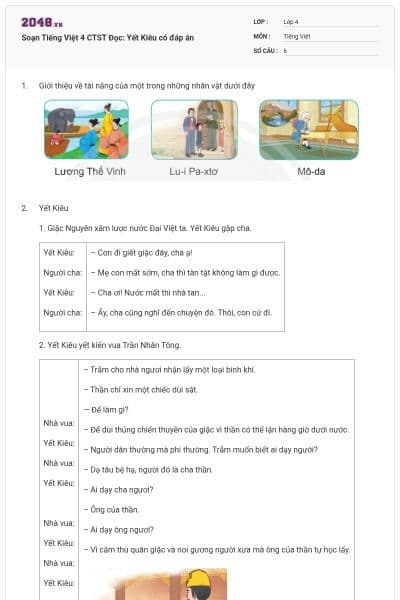 Soạn Tiếng Việt 4 CTST Đọc: Yết Kiêu có đáp án