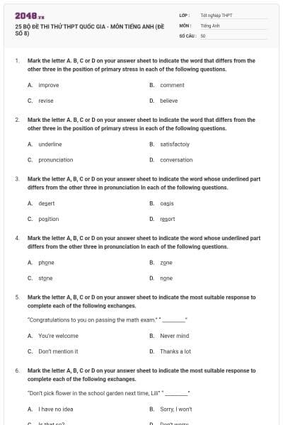 25 BỘ ĐỀ THI THỬ THPT QUỐC GIA - MÔN TIẾNG ANH (ĐỀ SỐ 8)