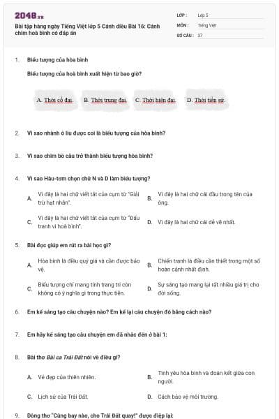 Bài tập hàng ngày Tiếng Việt lớp 5 Cánh diều Bài 16: Cánh chim hoà bình có đáp án