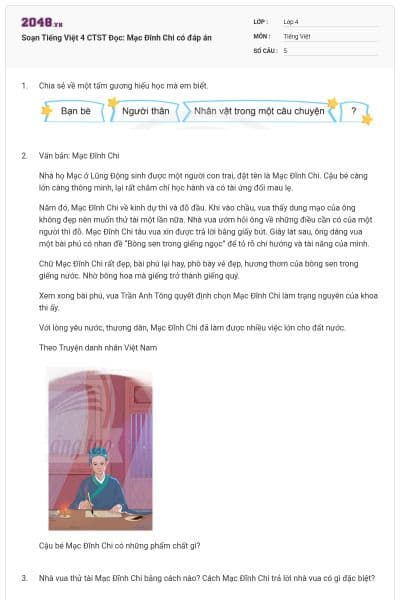 Soạn Tiếng Việt 4 CTST Đọc: Mạc Đĩnh Chi có đáp án