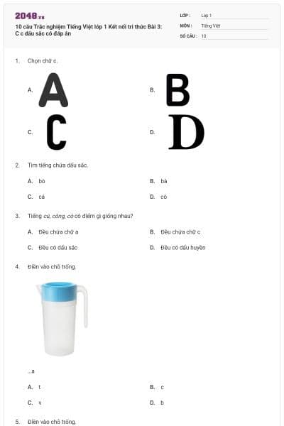 10 câu Trắc nghiệm Tiếng Việt lớp 1 Kết nối tri thức Bài 3: C c dấu sắc có đáp án