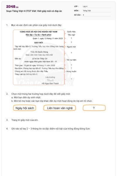 Soạn Tiếng Việt 4 CTST Viết: Viết giấy mời có đáp án