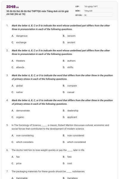30 đề thi thử đề thi thử THPTQG môn Tiếng Anh có lời giải chi tiết (Đề số 16)