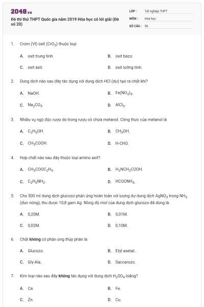 Đề thi thử THPT Quốc gia năm 2019 Hóa học có lời giải (Đề số 20)