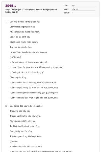 Soạn Tiếng Việt 4 CTST Luyện từ và câu: Biện pháp nhân hoá có đáp án