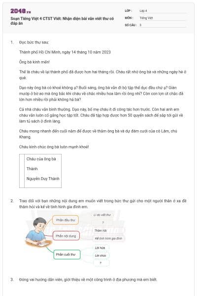 Soạn Tiếng Việt 4 CTST Viết: Nhận diện bài văn viết thư có đáp án
