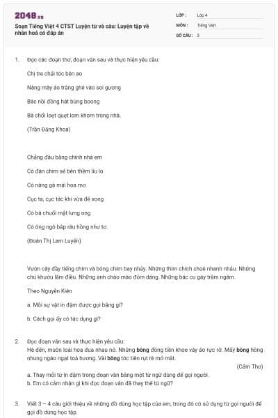 Soạn Tiếng Việt 4 CTST Luyện từ và câu: Luyện tập về nhân hoá có đáp án