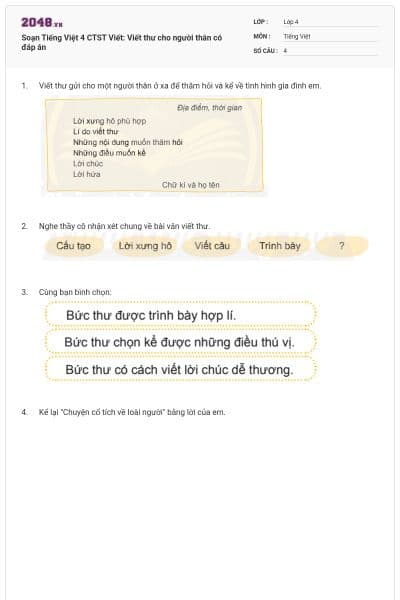 Soạn Tiếng Việt 4 CTST Viết: Viết thư cho người thân có đáp án