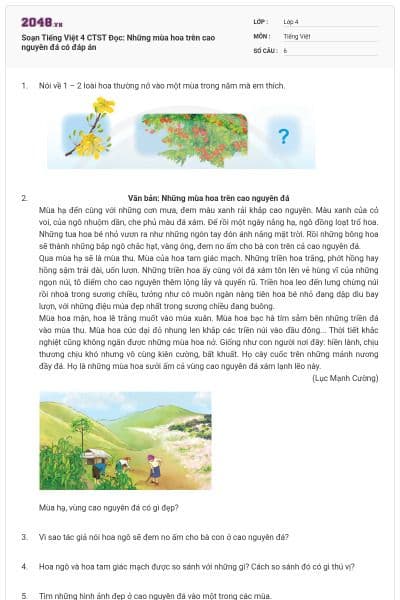 Soạn Tiếng Việt 4 CTST Đọc: Những mùa hoa trên cao nguyên đá có đáp án