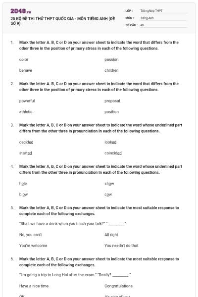 25 BỘ ĐỀ THI THỬ THPT QUỐC GIA - MÔN TIẾNG ANH (ĐỀ SỐ 9)