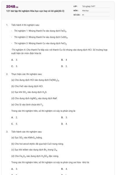 121 bài tập thí nghiệm Hóa học cực hay có lời giải(đề 3)