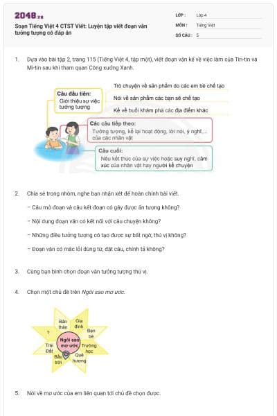 Soạn Tiếng Việt 4 CTST Viết: Luyện tập viết đoạn văn tưởng tượng có đáp án