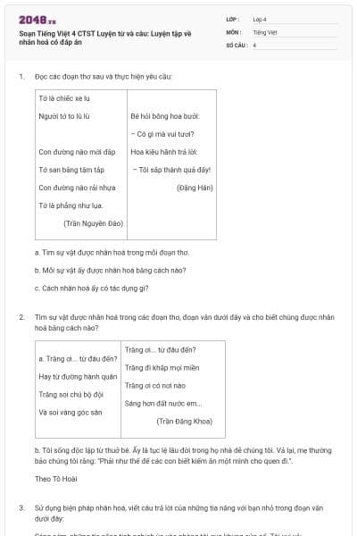 Soạn Tiếng Việt 4 CTST Luyện từ và câu: Luyện tập về nhân hoá có đáp án