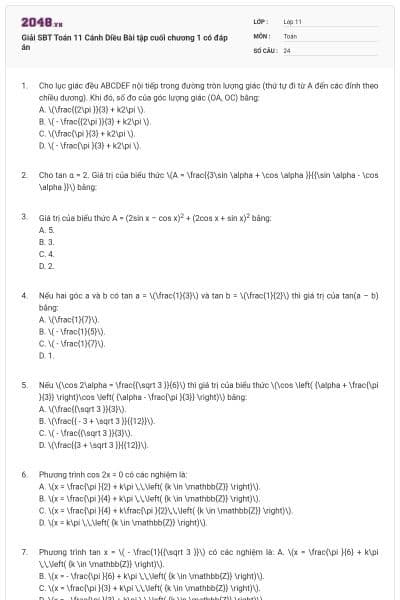 Giải SBT Toán 11 Cánh Diều Bài tập cuối chương 1 có đáp án