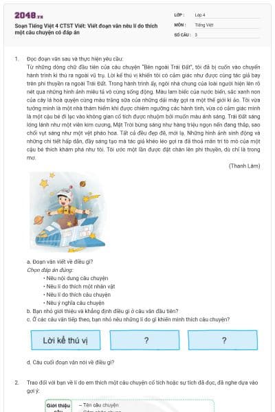 Soạn Tiếng Việt 4 CTST Viết: Viết đoạn văn nêu lí do thích một câu chuyện có đáp án