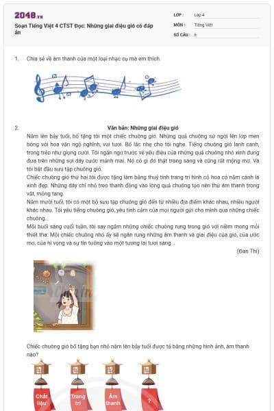 Soạn Tiếng Việt 4 CTST Đọc: Những giai điệu gió có đáp án