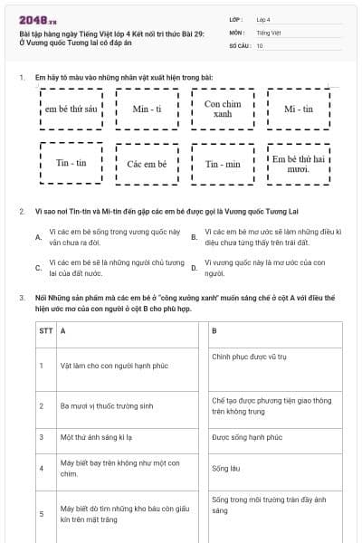 Bài tập hàng ngày Tiếng Việt lớp 4 Kết nối tri thức Bài 29: Ở Vương quốc Tương lai có đáp án