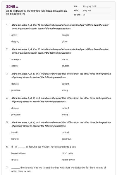 30 đề thi thử đề thi thử THPTQG môn Tiếng Anh có lời giải chi tiết (Đề số 17)