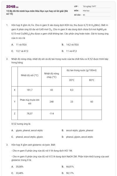 15 Bộ đề thi minh họa môn Hóa Học cực hay có lời giải (Đề số 15)
