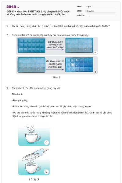 Giải SGK Khoa học 4 KNTT Bài 2: Sự chuyển thể của nước và vòng tuần hoàn của nước trong tự nhiên có đáp án