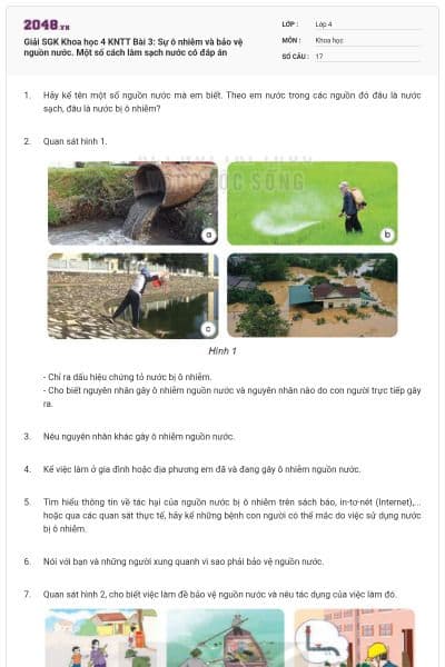 Giải SGK Khoa học 4 KNTT Bài 3: Sự ô nhiễm và bảo vệ nguồn nước. Một số cách làm sạch nước có đáp án