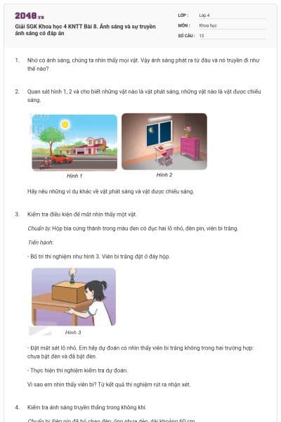 Giải SGK Khoa học 4 KNTT Bài 8. Ánh sáng và sự truyền ánh sáng có đáp án