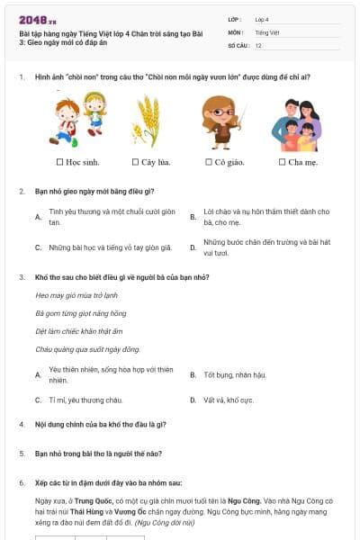 Bài tập hàng ngày Tiếng Việt lớp 4 Chân trời sáng tạo Bài 3: Gieo ngày mới  có đáp án