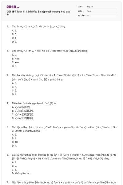 Giải SBT Toán 11 Cánh Diều Bài tập cuối chương 3 có đáp án