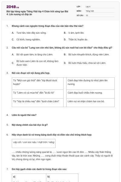 Bài tập hàng ngày Tiếng Việt lớp 4 Chân trời sáng tạo Bài 4: Lên nương có đáp án