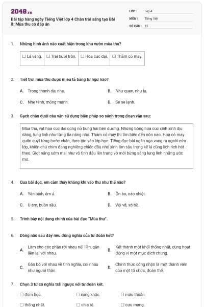 Bài tập hàng ngày Tiếng Việt lớp 4 Chân trời sáng tạo Bài 8: Mùa thu  có đáp án