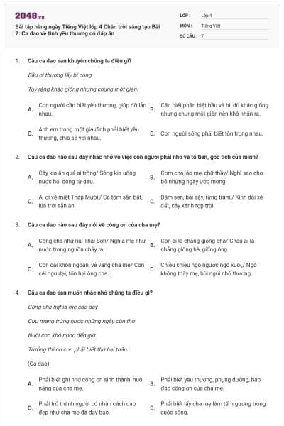 Bài tập hàng ngày Tiếng Việt lớp 4 Chân trời sáng tạo Bài 2: Ca dao về tình yêu thương có đáp án