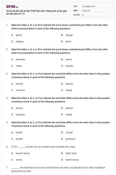30 đề thi thử đề thi thử THPTQG môn Tiếng Anh có lời giải chi tiết (Đề số 17)