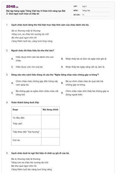 Bài tập hàng ngày Tiếng Việt lớp 4 Chân trời sáng tạo Bài 3: Quả ngọt cuối mùa có đáp án