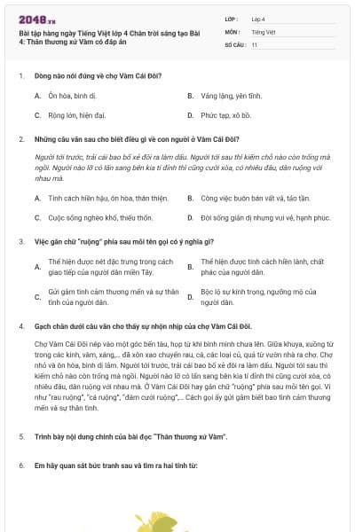Bài tập hàng ngày Tiếng Việt lớp 4 Chân trời sáng tạo Bài 4: Thân thương xứ Vàm có đáp án