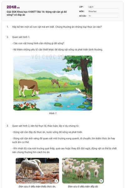 Giải SGK Khoa học 4 KNTT Bài 16: Động vật cần gì để sống? có đáp án